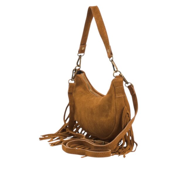 MARLON Made In Italy Suede Crescent Shoulder Bag With Fringe - Picture 4 of 4